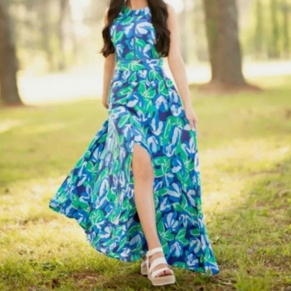 Abel the Label Blue Green Floral Tropical Halter Dress Charlotte Size Small NWT